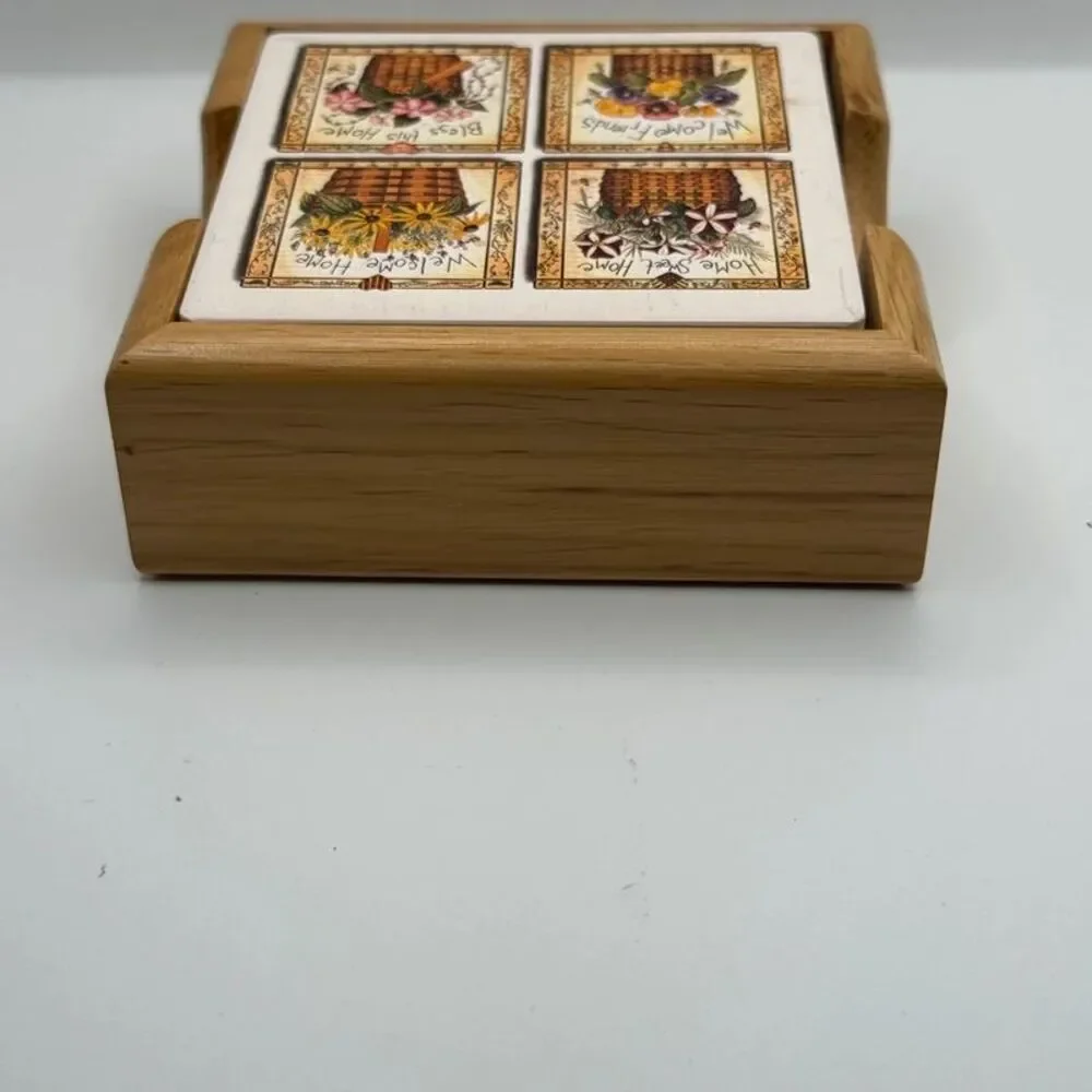 Vintage Country Flower Basket Coaster Set of 4 with Wooden Holder Cottagecore